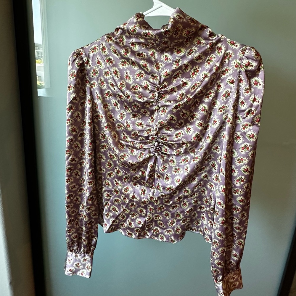ZARA Gathered Floral Turtleneck Blouse Purple Lavender